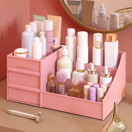 Organizador de Mesa Multiuso com 2/3 Gavetas Escritório Maquiagem Branco Rosa