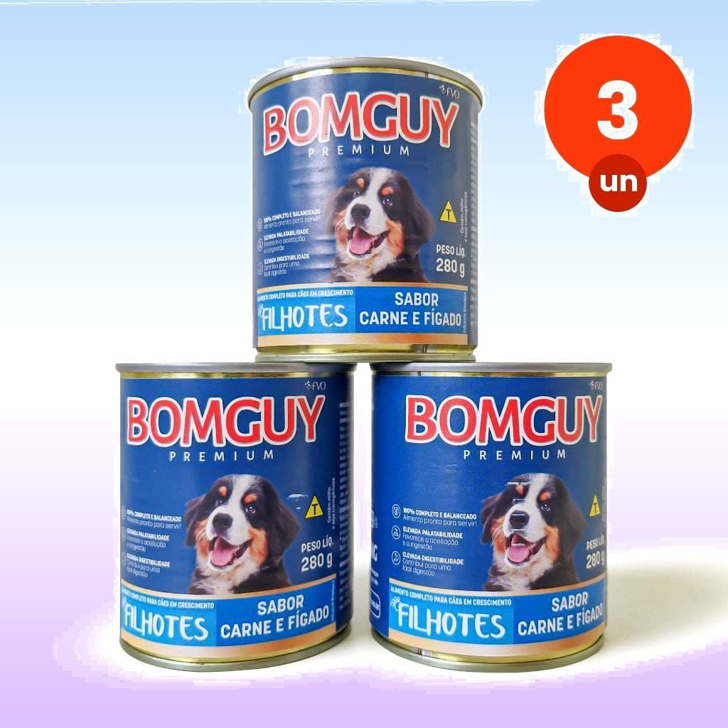 Kit Ração Úmida 3 Bomguy Premium Patê Sabor Carne e Fígado Cães Filhotes 280 G FVO