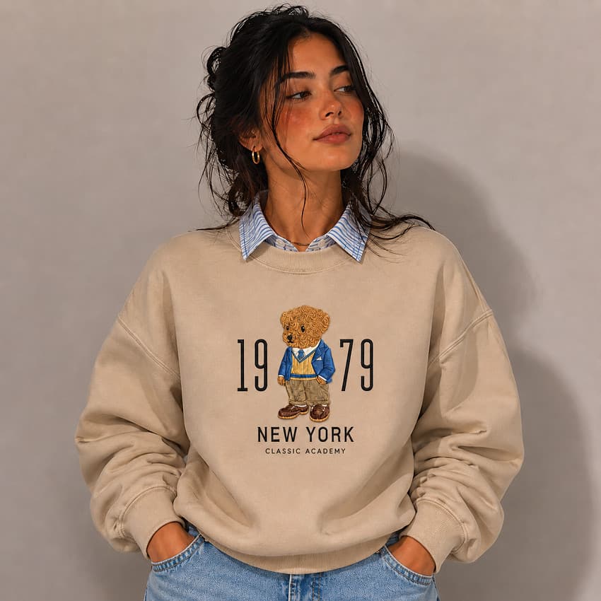 Moletom Feminino Urso Fofo 1979 Blusa de Frio Estiloso Americano Quentinho Flanelado