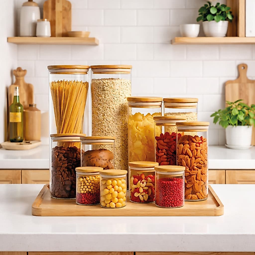 Kit 12 Unidades Potes Herméticos Vários tamanhos de Vidro Tampa Bambu Vedação Silicone Mantimentos Cozinha Completo