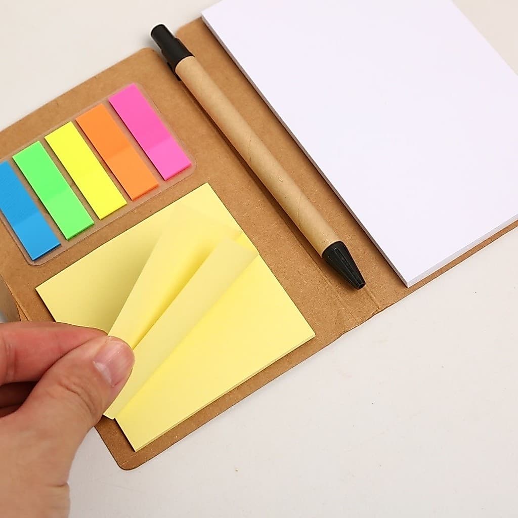 Kit Caderno Kraft com Bloco de Notas Adesivas Marcador de Página Caneta Papelaria Escolar Escritório