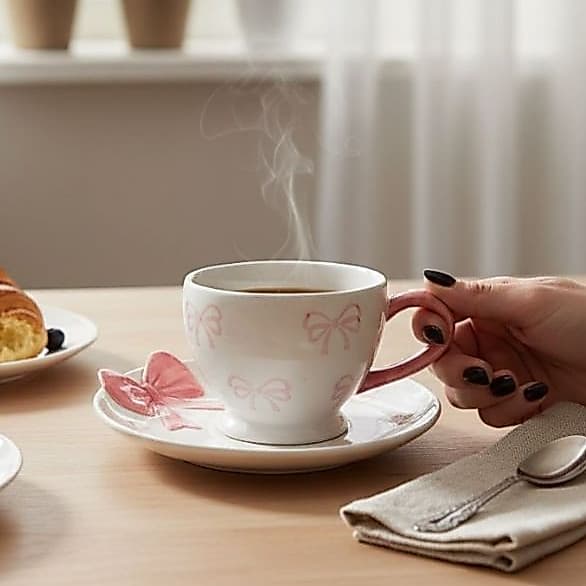 Kit Xícara Com Pires Porcelana Laço Rosa Coquette Fofa - Durável e Resistente