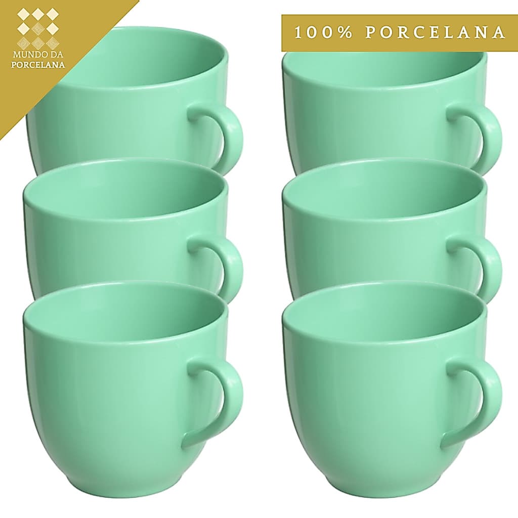 Jogo 6 Xicara Cha Cafe Porcelana 170ml Verde Chicara Simples Dia Dia