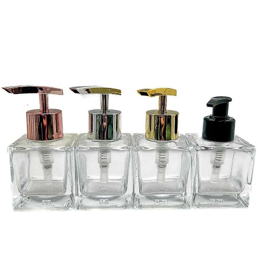 KIT 02 Frascos de Vidro CUBO 100ML com Válvula Pump Luxo para Sabonete/Creme/Álcool gel