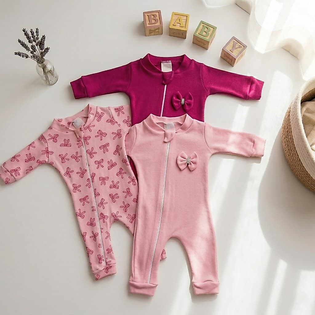 Macacão de  Zíper  Bebe Menina 03 Peças Algodão moda bebê feminina rosa pink roupas de bebê