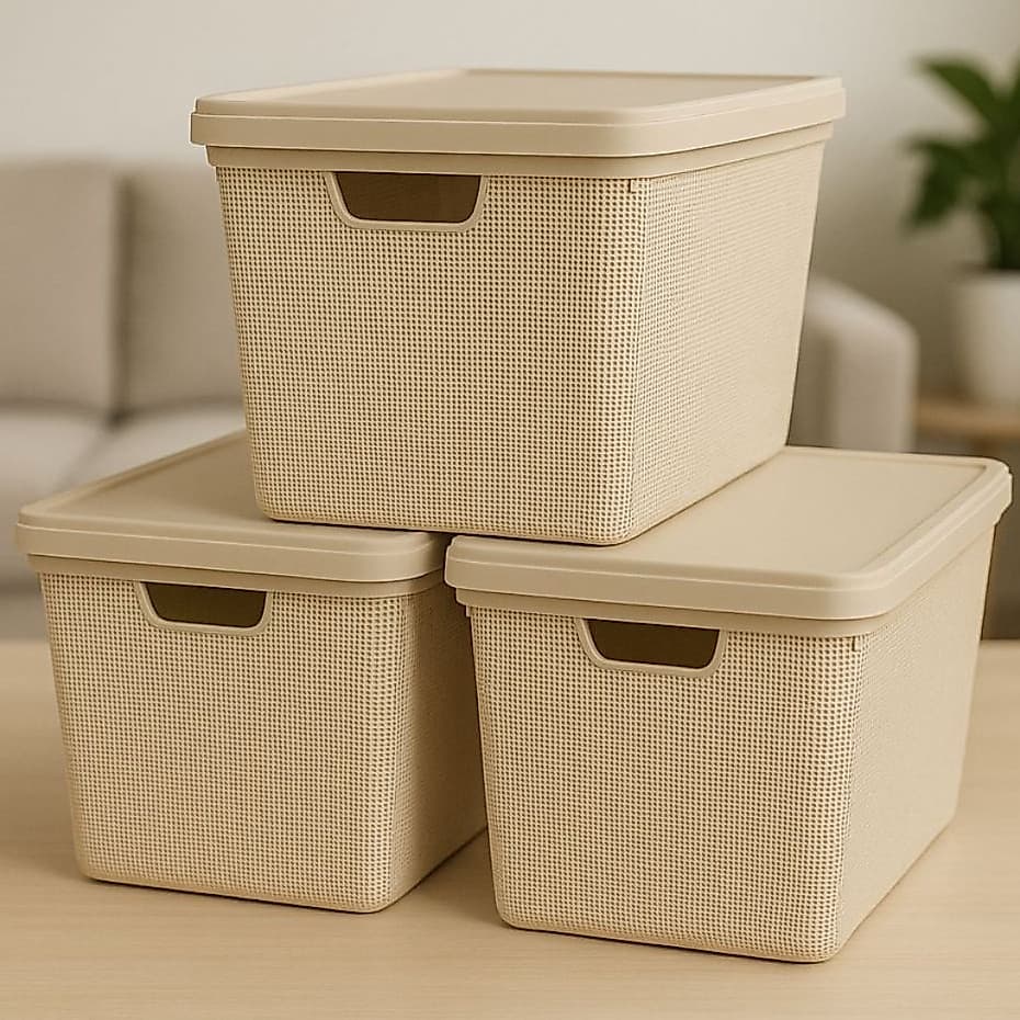 Kit 3 Caixas Organizadoras 22 Litros Grande com Tampa Reforçada Cesto Organizador em Plástico