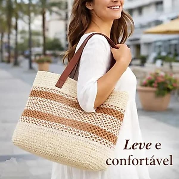 Bolsa de Palha Praia Feminina Grande Forro Alça de Couro Moda Verao