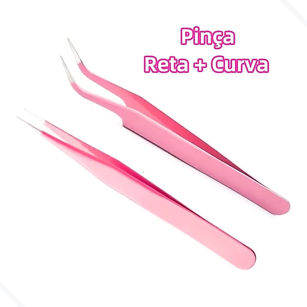 Kit 2 Pinças Reta e Curva Vetus Profissional Para Extensão de Cílios Rosa