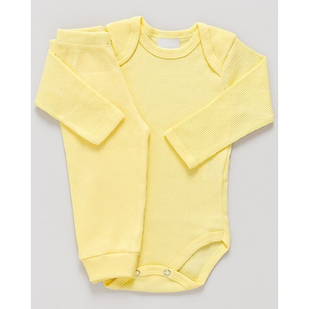 Conjunto Body e Calça Antialérgico Bebê Canelado Amarelo 100% Algodão Premium