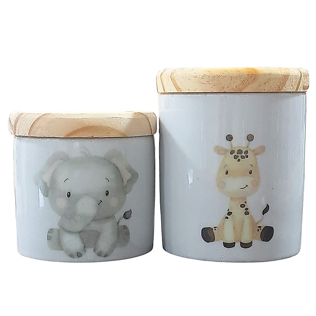 Kit higiene bebê Safari 2 potes - Peças Porcelana Tampas Pinus