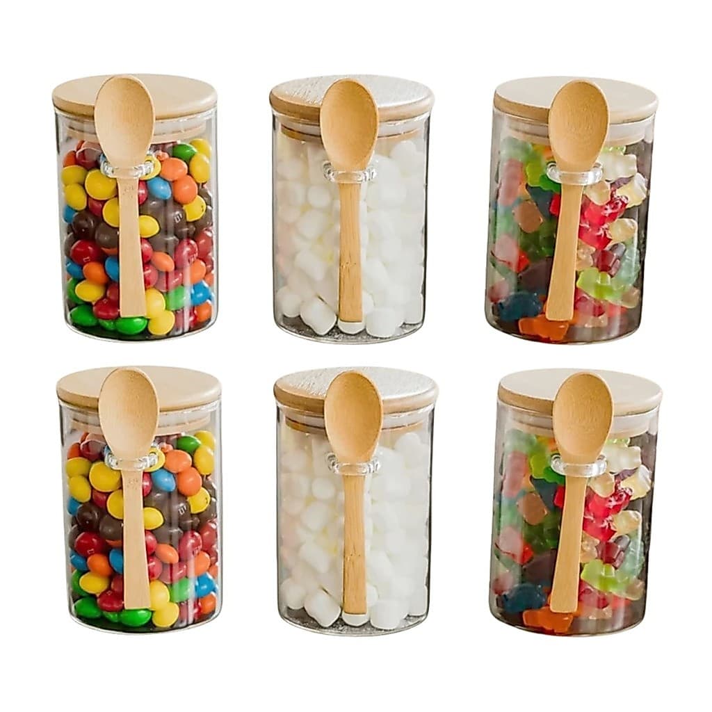 Kit 6 Pote Hermético De Vidro Redondo Porta Condimento 250ml C/ Tampa Colher De Bambu