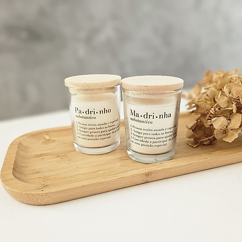 kit 02 Velas Significado  Madrinha e Padrinho de Casamento mini copo 70g com Tampa de Madeira Pinus