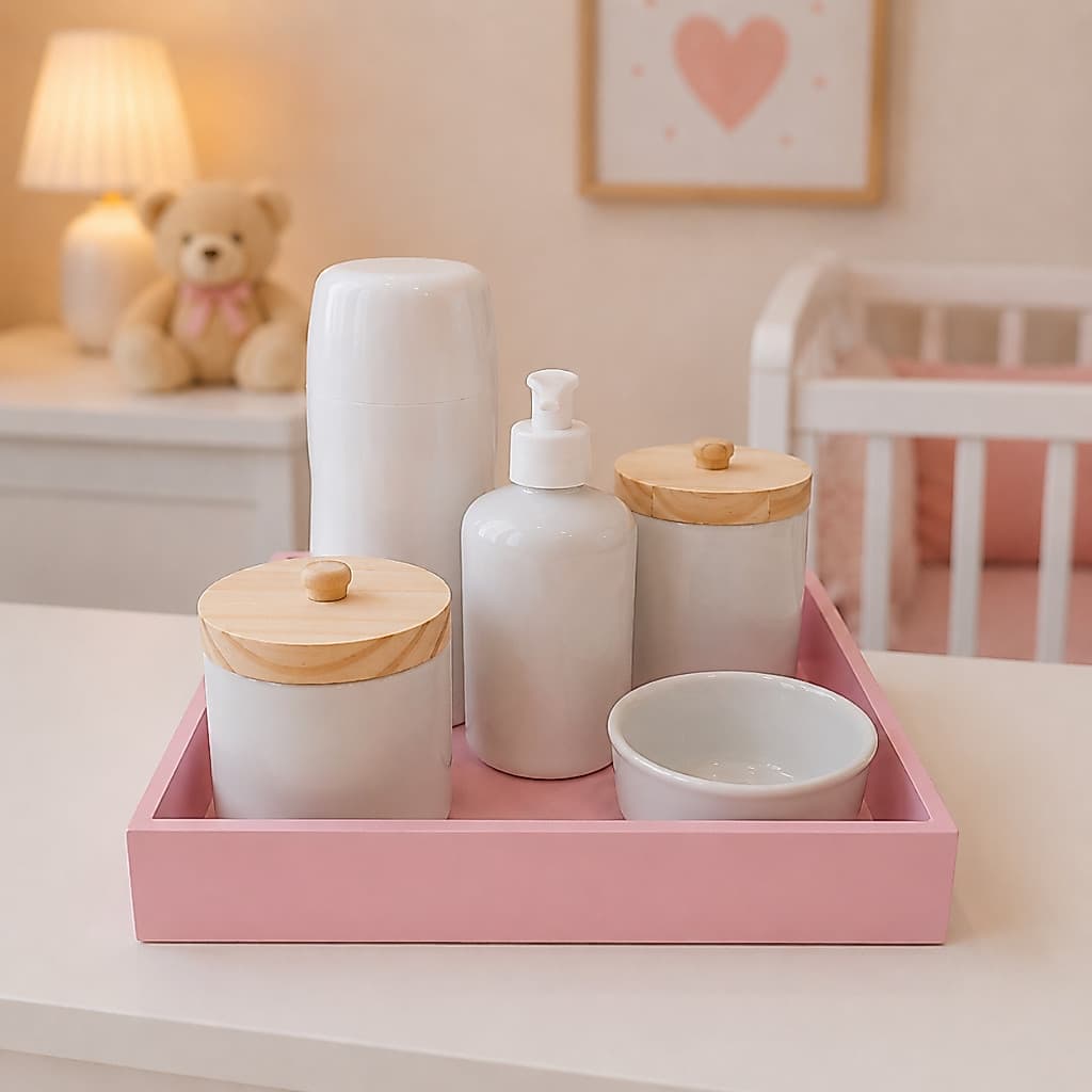 Kit higiene bebe porcelana quarto quartinho rosa baby