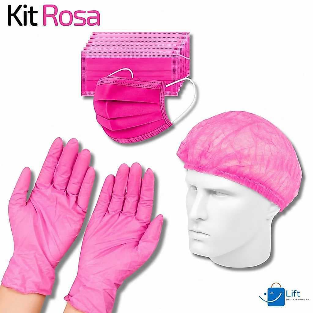 Kit Rosa 100 Touca TNT+ 100 Luva Nitrilica+ 50 Máscara Descartável Tripla Camada