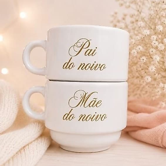 KIT 2 Xícaras Personalizadas 180ml Pais dos Noivos | Presente Casamento Porcelana padrinho madrinha Dourada