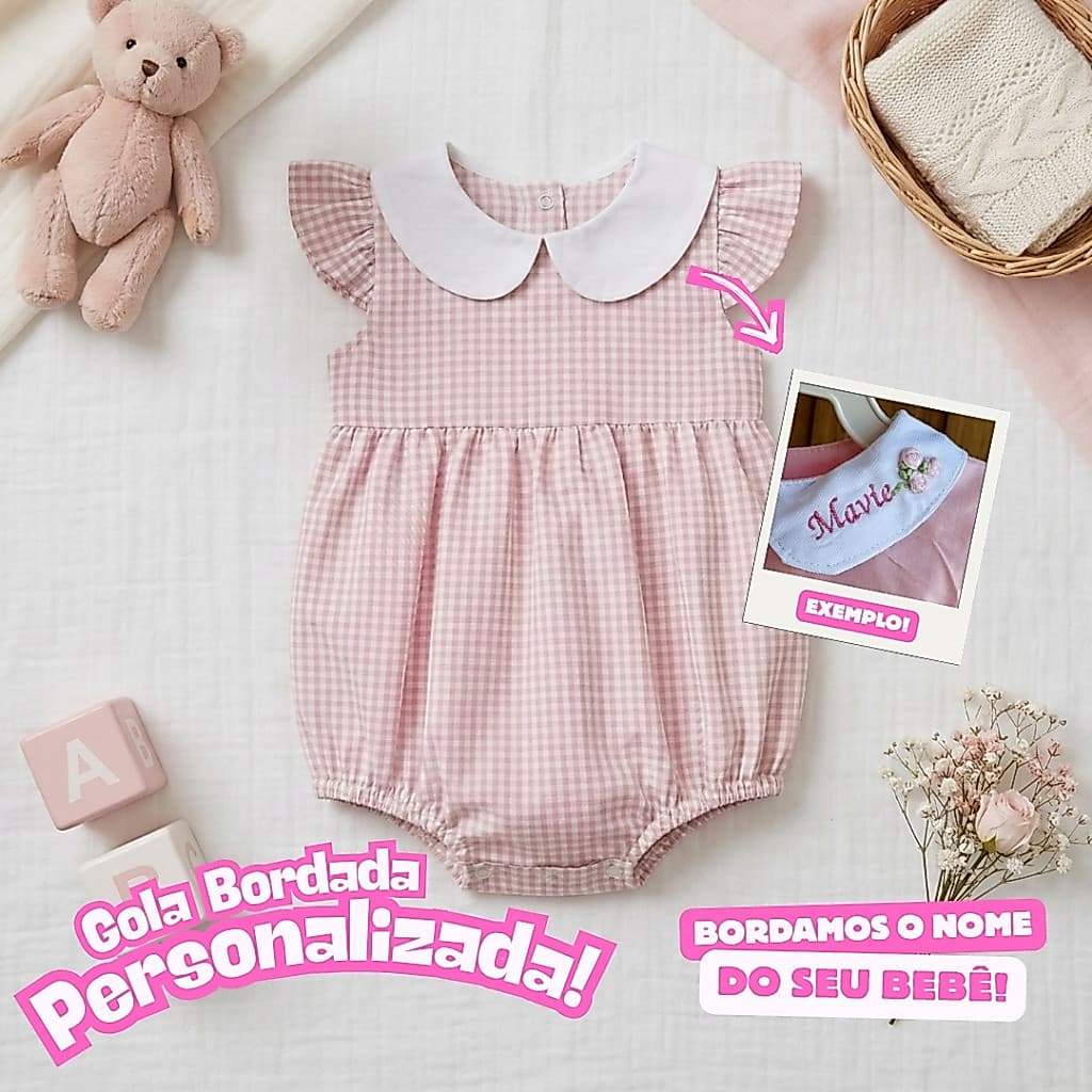 Romper Manga Curta Gola Branca Personalizado com Nome do Bebê 100% Algodão P, M ou G