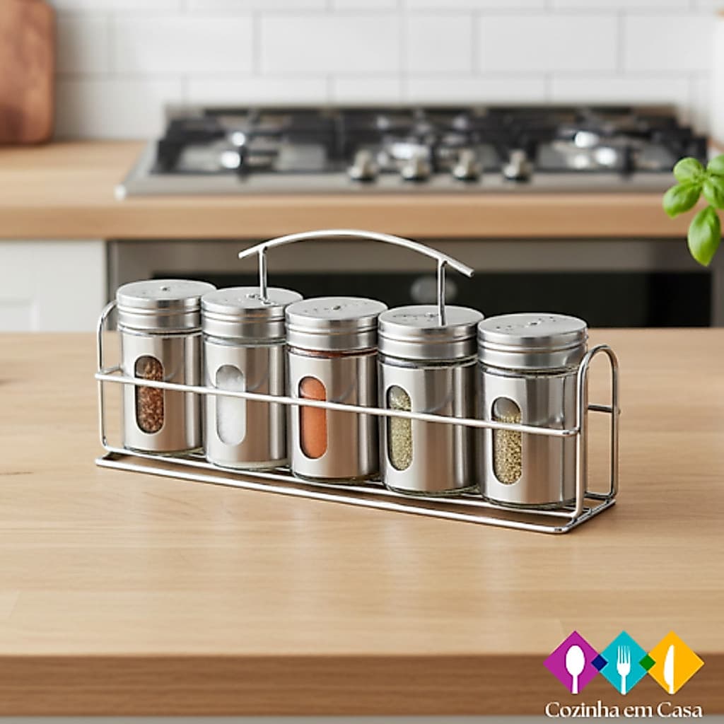 Porta Condimentos Temperos Inox 5 Pçs Com Suporte inox