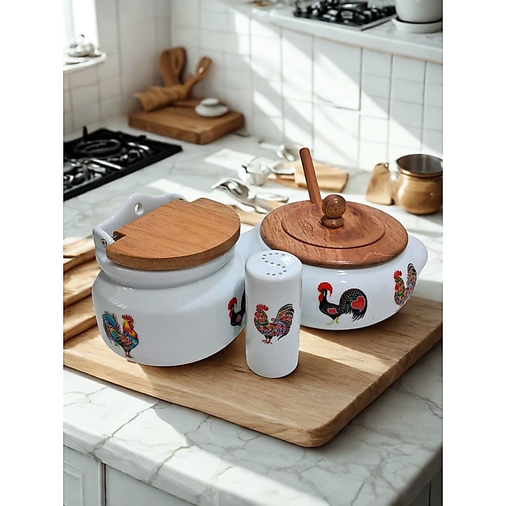 Kit saleiro de bancada - farinheira - saleiro de mesa - 3 pçs - porcelana - decoração Galos