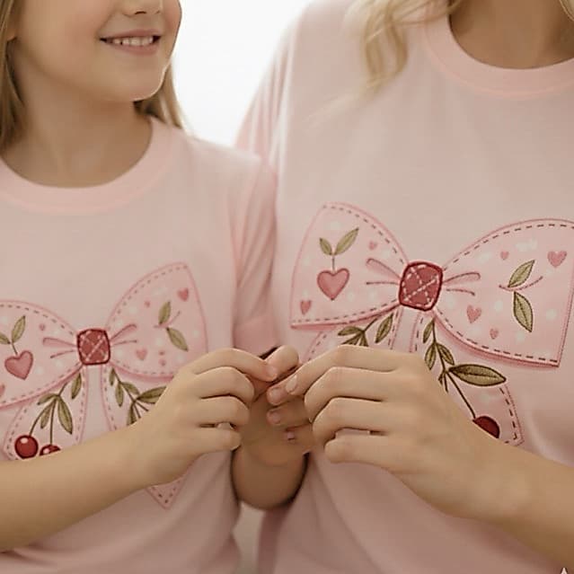 Kit Mãe e Filha Camiseta Algodão Estampa Laço Cereja | Tal Mãe Tal Filha | Look Combinando Feminino Infantil