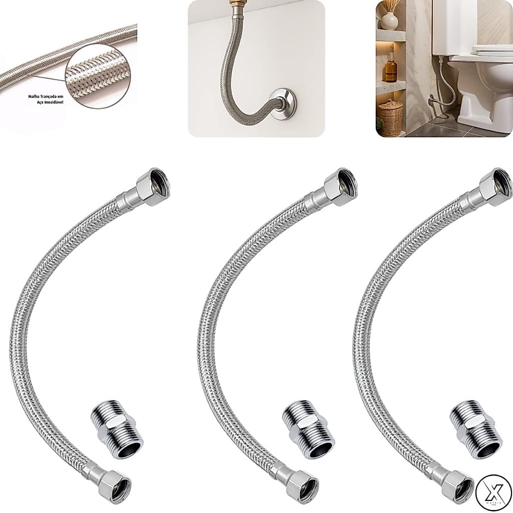 Kit 3 Engate Flexível Trancado Mangueira Flexível Aço Inox 40 Cm agua quente e fria
