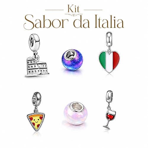 Kit Berloques Amor Italiano Aço Inox Viagem Paixão Italia Taça Pizza  Coliseu com Muranos  Joia Luxo