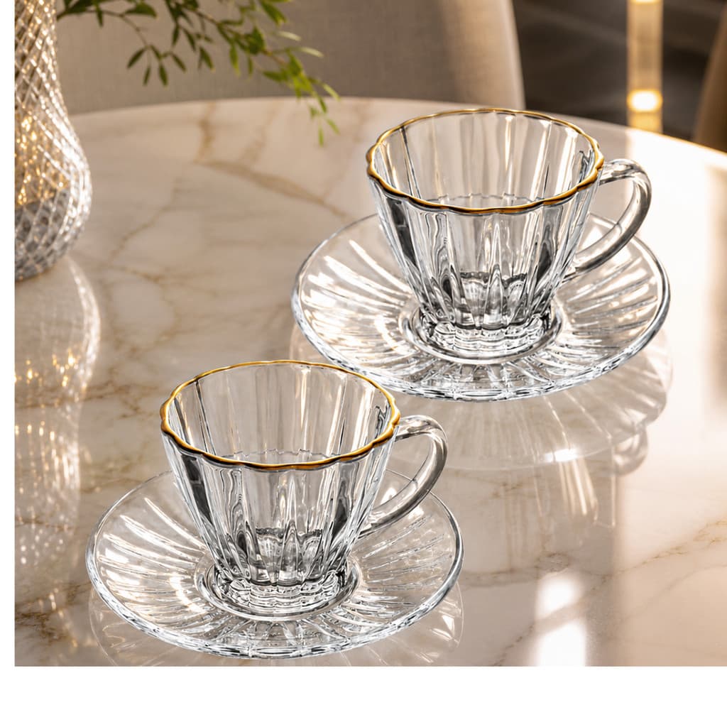 Conjunto 2 Xícaras para Café de Cristal com Pires Radial Fio de Ouro180ml - Lyor