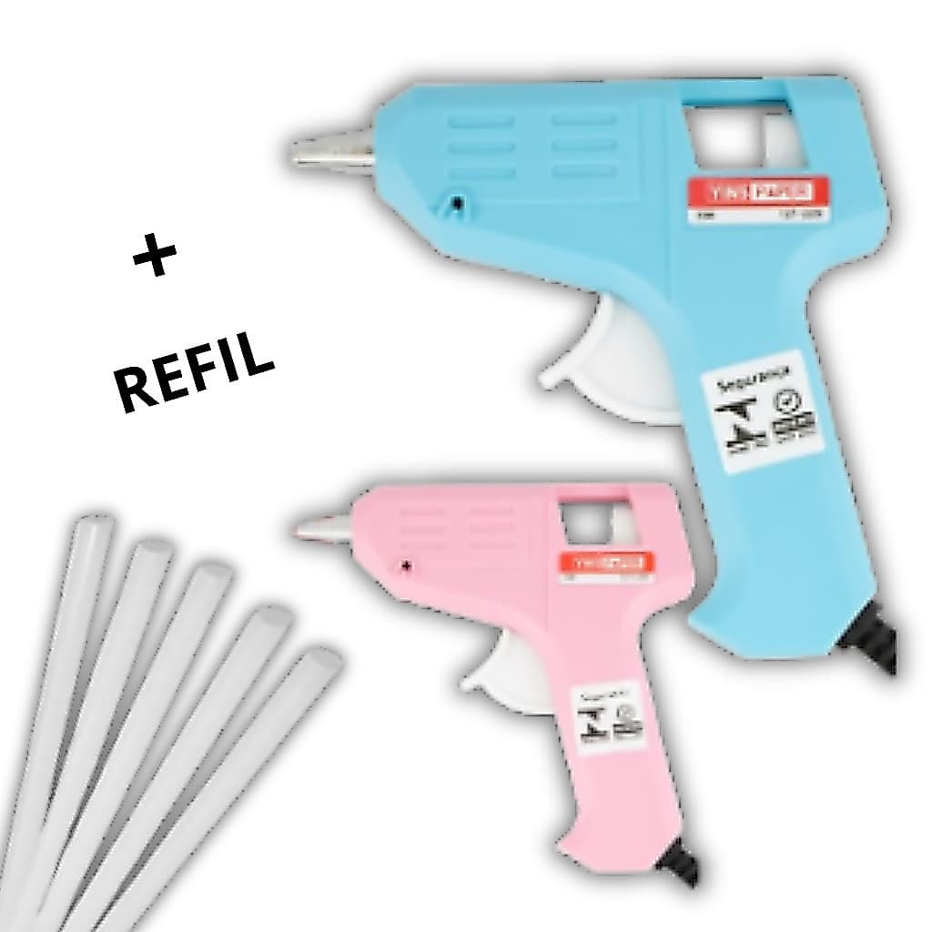 Pistola cola quente grossa fina grande e pequena + 5 bastões refil rosa azul profissional