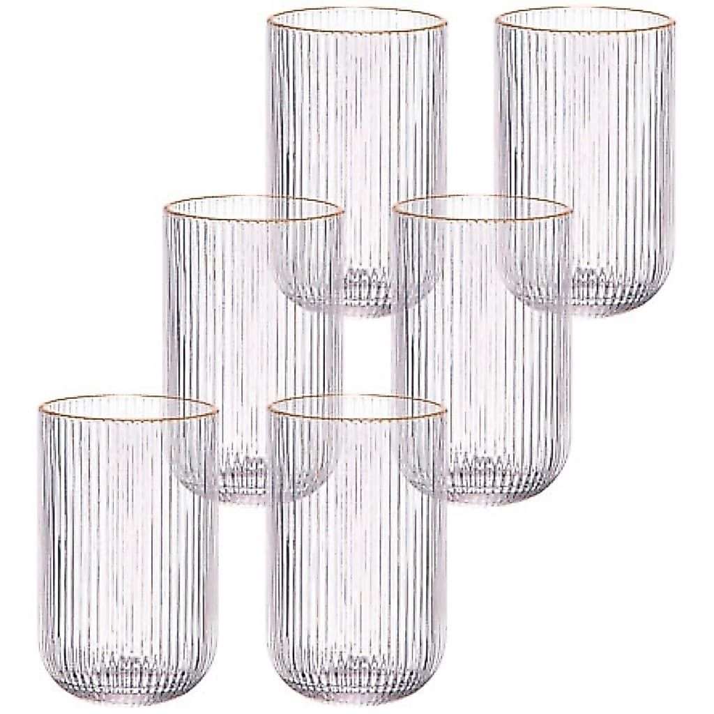 Jogo 6 Copos De Vidro Alto Long Drink Borda Dourada Canelad460ml