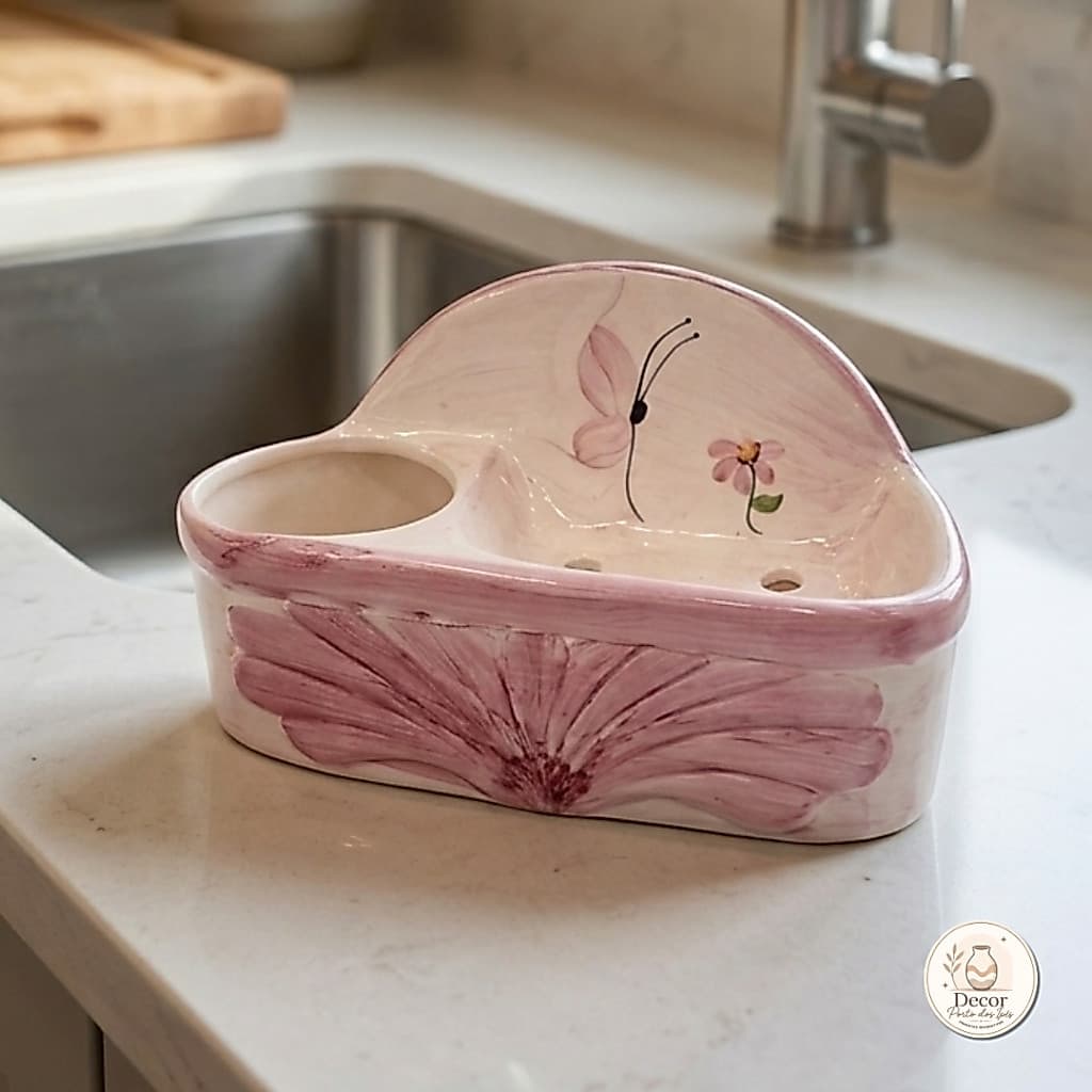 Porta Detergente Sabão Em Cerâmica | Rosa Borboleta | Esponja Detergente Sabão de Bancada | Cerâmica Artesanal