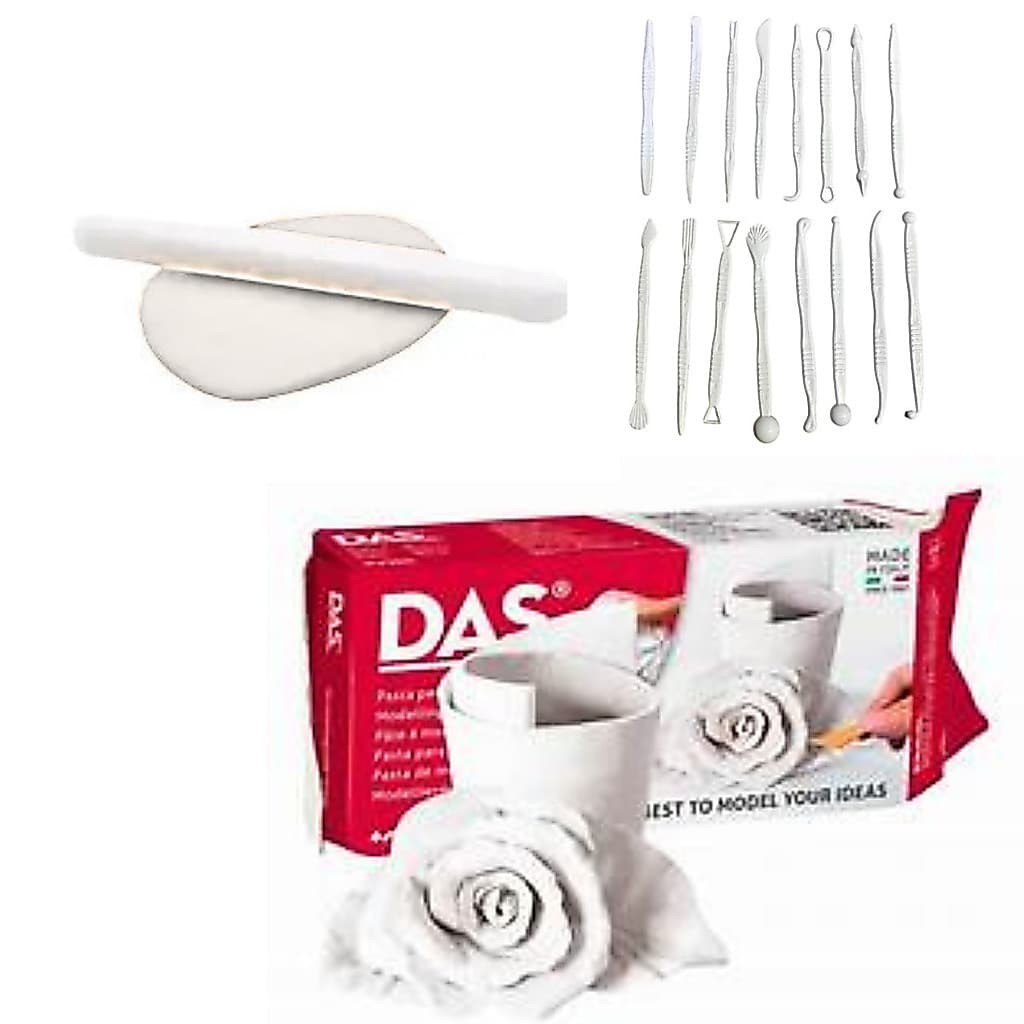 Massa Cerâmica Fria DAS 500 G  + 16 Estecas + Rolo Kit Artesanato