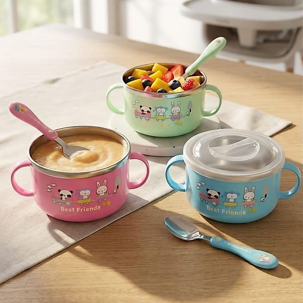 Kit Alimentação Infantil Pote Colher Tigela Infantil 300ml com Tampa Colher Alças Bebê Papinha BLW
