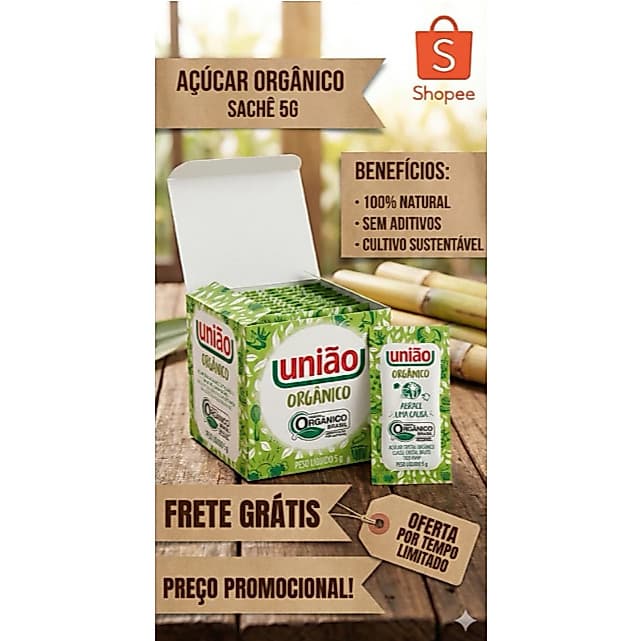 kit com 100 Sachês Orgânico União 5g | Açúcar Natural e saudável para Café e Chá
