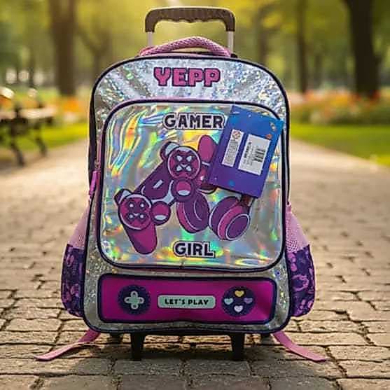 MOCHILA ESCOLAR GAME GIRL COM RODINHA TAMNHO GRANDE MENINAS REFORÇADA