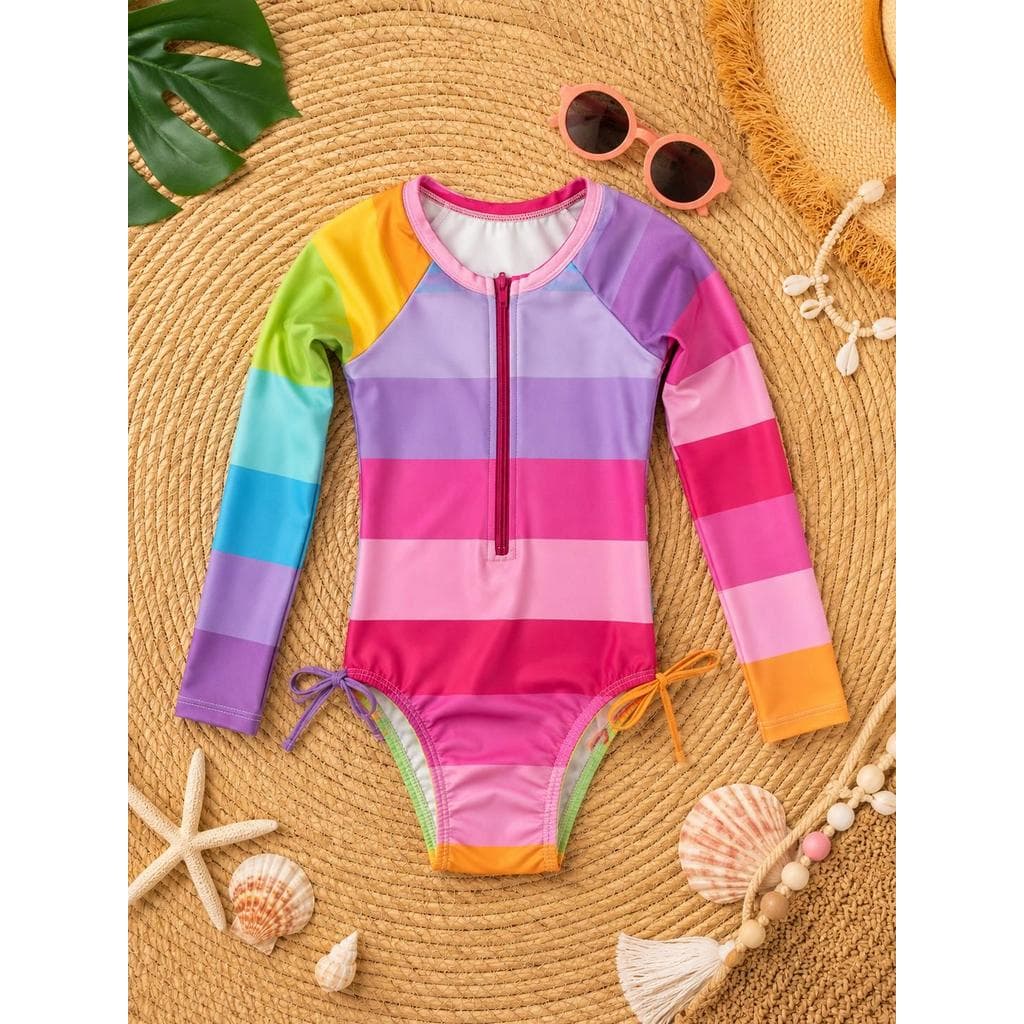 Maiô infantil menina praia piscina com zíper e proteção uv biquíni promoção presente de natal