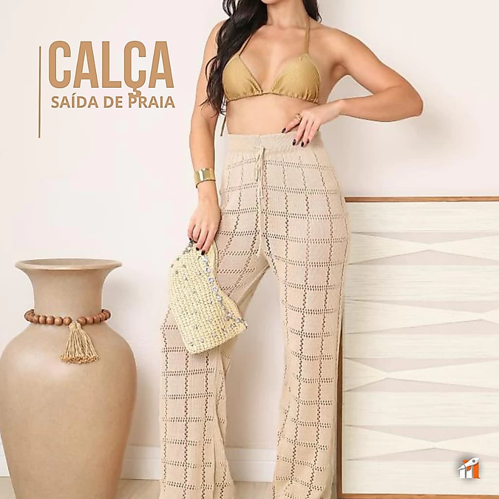 Calça Pantalona Feminina de Tricô Saída de Praia Crochê Leve Moda Verão Praia e Piscina