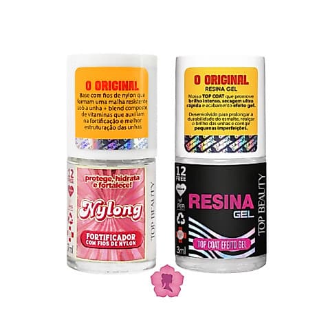 Kit Com 2 Bases Top Coat Efeito Gel Resina + Nylong Fortificador 12 Free Sos Unhas Top Beauty