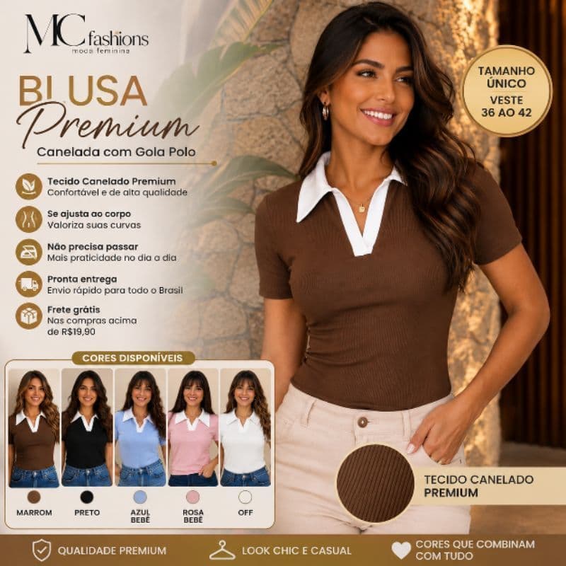 Camiseta Blusa Feminina Canelada Gola Polo Manga Curta Ajustada Premium T-shirt baby look elegante e casual Camiseta