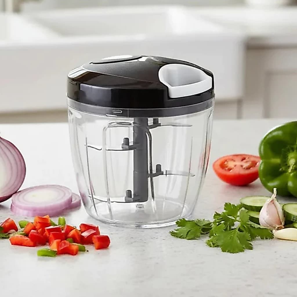 Processador Triturador de Alimentos Semiautomático 500ml com 3 Lâminas Legumes Cozinha Preto e Vermelho
