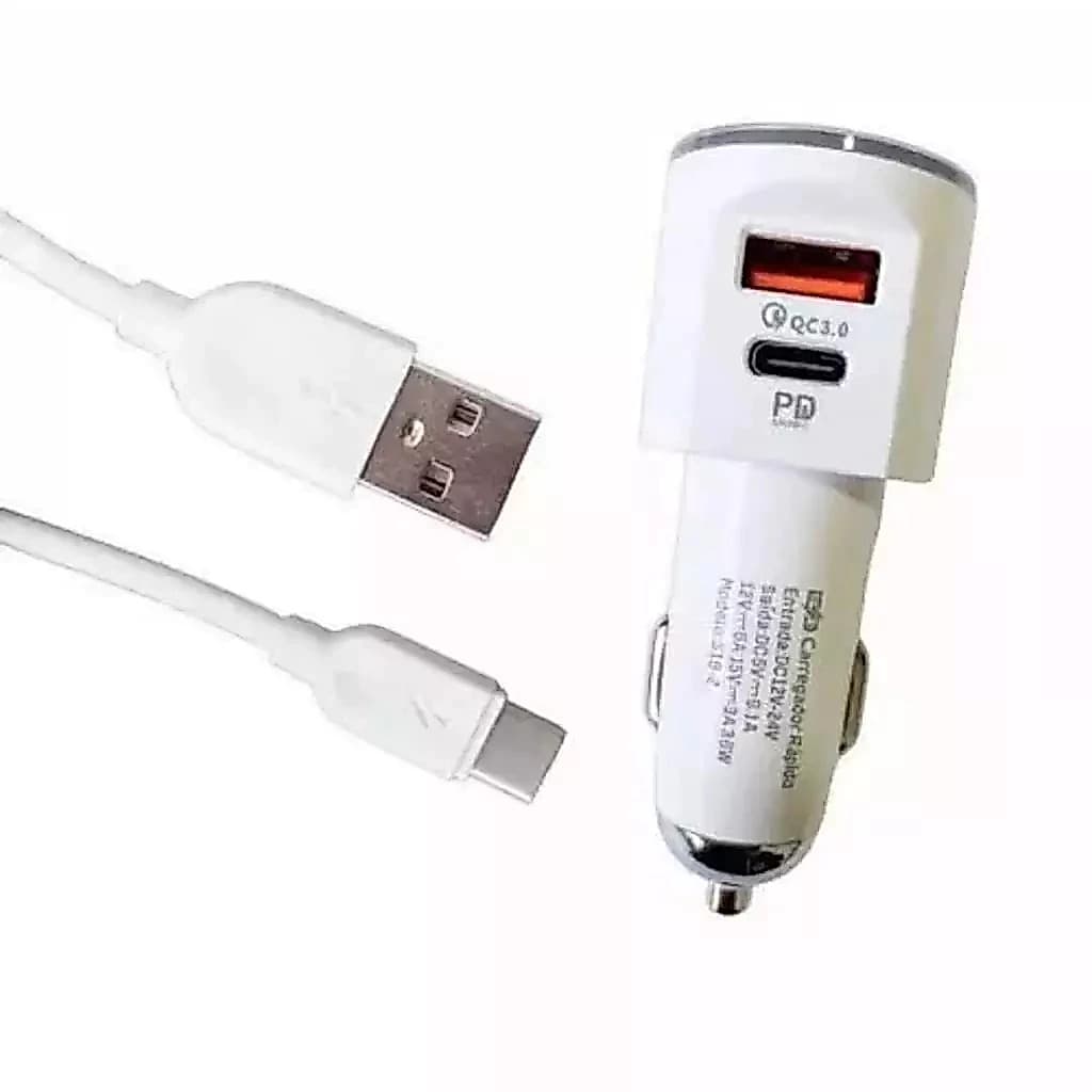 Carregador para Celular Veicular Carro Fonte 2 Entradas USB Tipo C Duplo Cabo Rápido Turbo