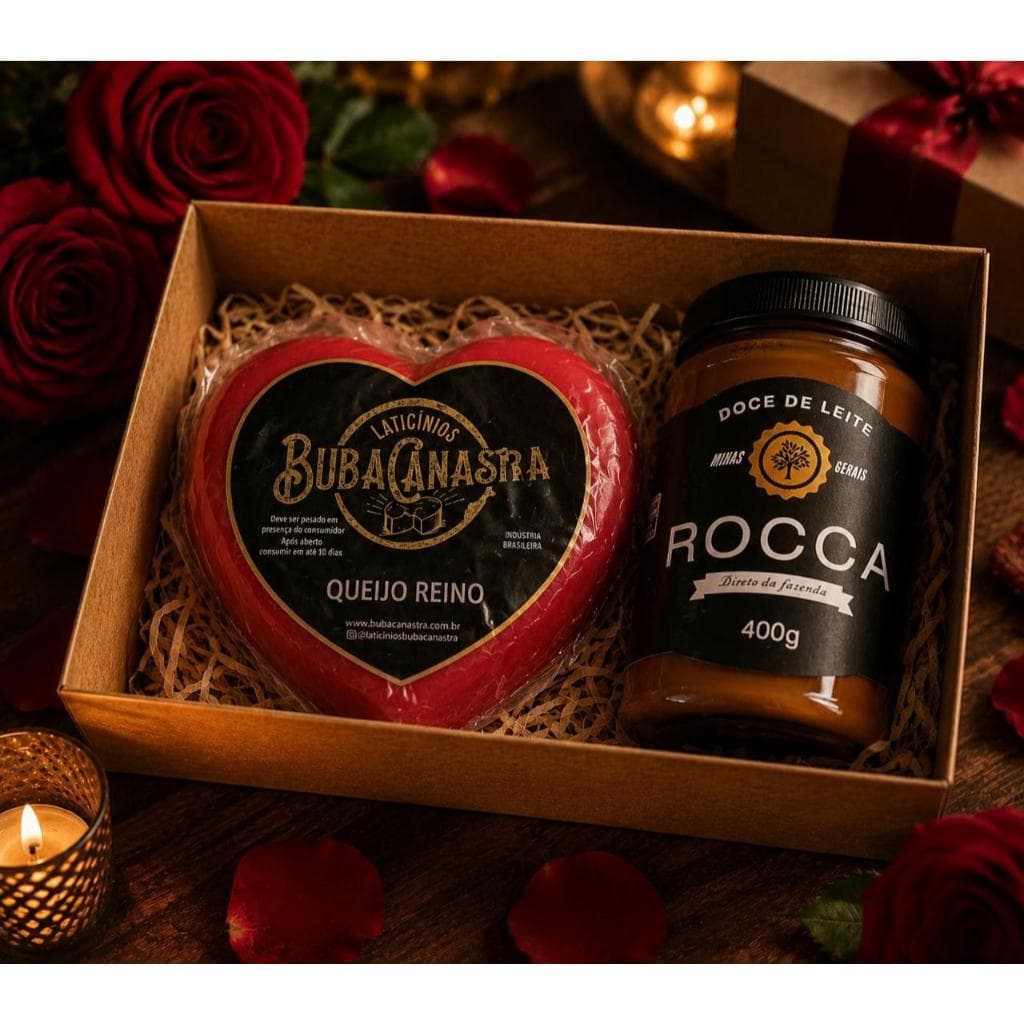 Kit Presente Romântico Queijo Coração Buba Canastra e Doce de Leite Rocca 400g