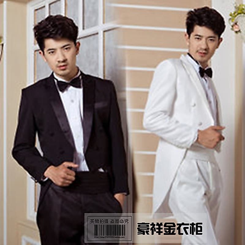 Smoking terno terno fino-ajuste versão coreana preto branco terno vestido masculino desempenho traje casamento padrinhos
