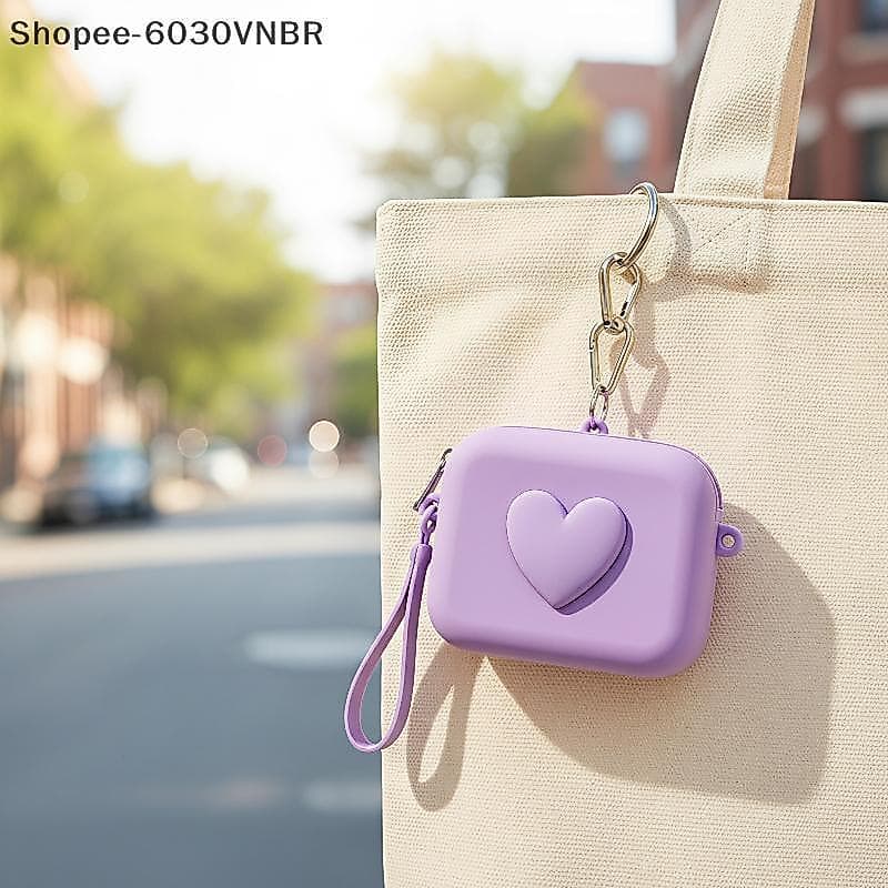 [QY] Bolsa De Moedas De Silicone Com Coração 3D , Cordão De Pulso Portátil Macio E Durável Para Chave , Fone De Ouvido ,