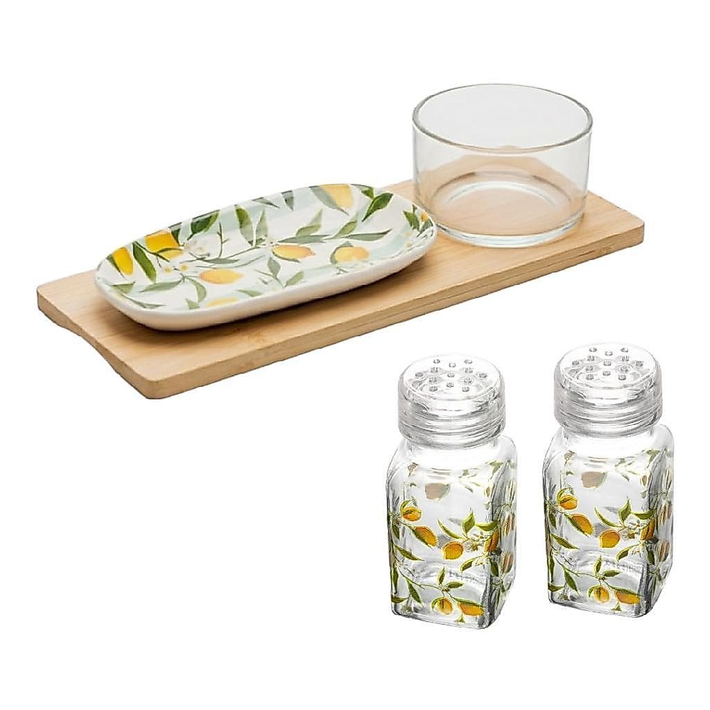 Conjunto Para Servir Petiscos Bandeja Bambu + Saleiro Pimenteiro Estampa Siciliano Elegante