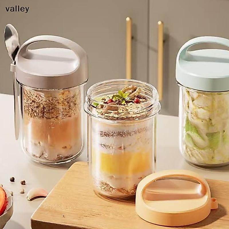[VLY] Copo De Café Da Manhã De Vidro Com Boca Larga E Jarra Selada Durante A Noite Aveia Milkshake Colher [BR]