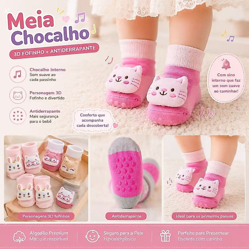 Meia Chocalho Bebê Menina 3D Antiderrapante com Bichinhos | Algodão Macio | Som ao Caminhar | Primeiros Passos