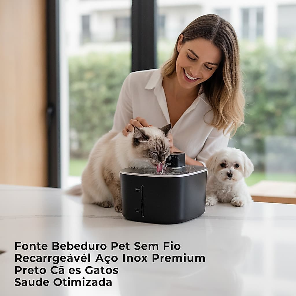 Fonte Bebedouro Pet Sem Fio Recarregável Aço Inox Premium Preto Cães Gatos Saúde Otimizada