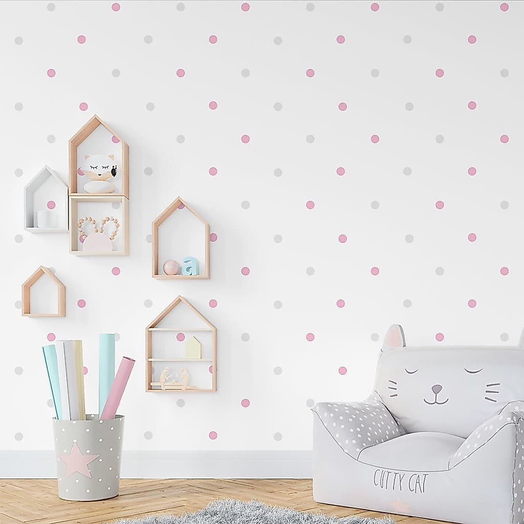54 Adesivos de parede para decoração bolinhas Poá cinza claro e rosa claro 3cm