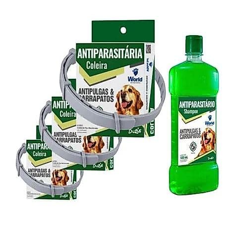 Kit 1 Shampoo 500Ml + 3 Coleiras Dugs Antipulgas e Carrapatos p/Cães 17g c/ 56cm- World Veterinária