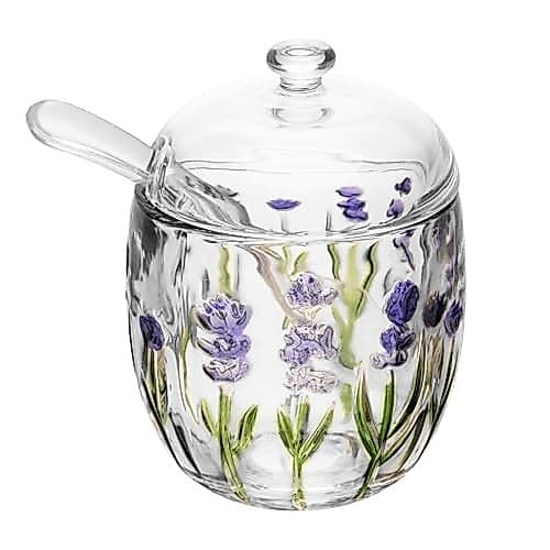 LYOR - Açucareiro com Colher e Tampa Lavanda Hand Painting 8,5cm x 11,3cm Cristal