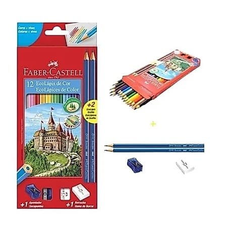 Caixa de lápis de cor com 12 cores faber-castell + dois lapis pretos+ borracha+ apontador/ kit Escolar